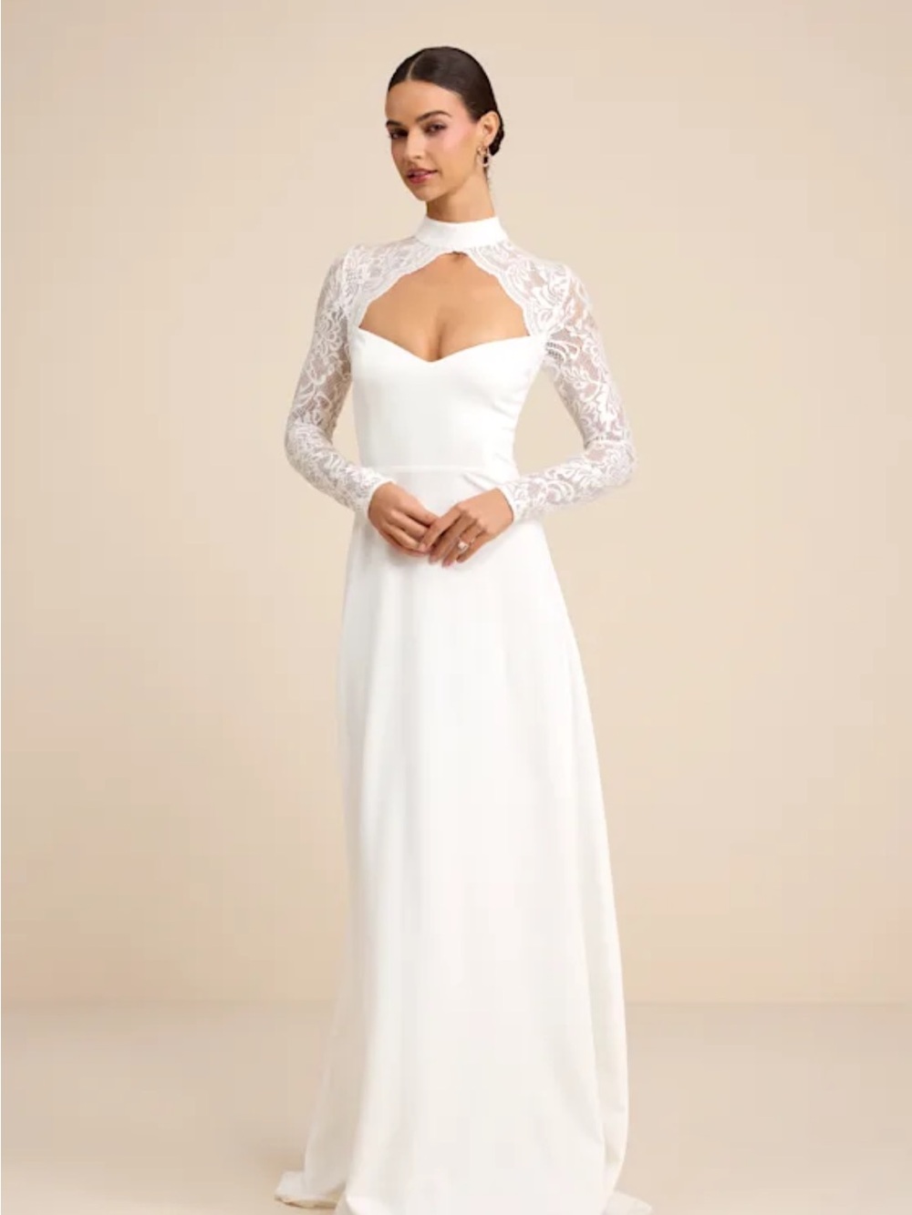 Lulu's Ivory Lace Long-Sleeve Bridal Gown with Sweetheart Bodice